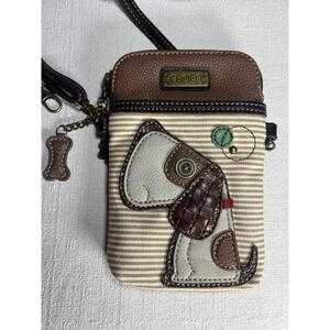 Chala Dog Cell Phone Purse Crossbody Backpack Striped Canvas Brown Tan Small